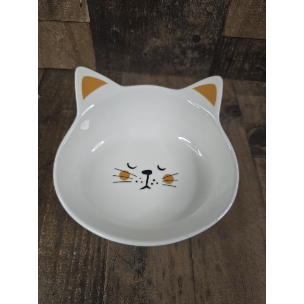 White Ceramic Cat Face Bowl Brown Ears Pet Food Dish Trinket Tray 5.5 Inch